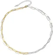 [Generic] Two Tone Gold Silver Cuban Link Chain Necklace Choker Unisex Chunky Chain Choker Necklace for Women Men