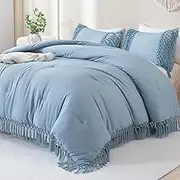 Andency Grayish Blue Comforter Set King, 3 Pieces Boho Tassel Lightweight Soft Bedding Comforter Sets for King Bed, All Season Fluffy Fringe Bed Set (104x90In Comforter & 2 Pillowcases)