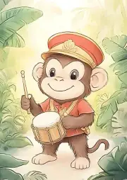 Smiling Monkey in Hat with Drums Nursery Kids Room Wall Art Print 8.5"x11"