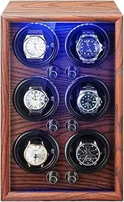 Automatic Watch Winder For 6 Watches,Blue LED,5 Rotating Modes,with Super Quiet Motor,Dust-Proof Wooden Storage Box And Display Case For Men Women LWX