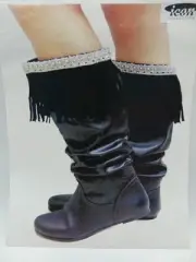 Women Pewter/White Beaded Native Boot Topper Pair Black Fringe