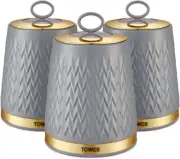 T826091GRY Empire Set of 3 Storage Canisters for Tea Coffee Sugar, Grey and Bras