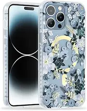 [SCORPIFY] for iPhone 14 Pro Max Case [Compatible with MagSafe] with Blue Nemophila Floral Design, Cute Clear Flower Magnetic Phone Cover for Women Girls,[Non Yellowing] Slim Bumper with Gold Accents