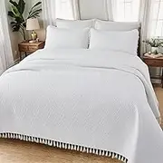 Brandream Queen Quilt Set White Bedspreads Cotton Elegant Shabby Chic Boho Bohemian Quilt Bedding Set with Tassel Design 3-Piece
