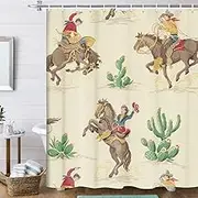 Western Cowboy Shower Curtain, Western Cowboy Riding Horse in Wild Tropical Cactus Desert Shower Curtain for Bathroom, Fabric Polyester Farmhouse Shower Curtain 12PCS Hooks 60X70IN