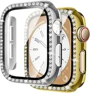 MYAPULUA 2Pack Screen Protector for Apple Watch Case 40mm/41mm/44mm/45mm, Bling Case+Tempered Glass, Women Girls Crystal Diamond Hard Cover, Silver/Gold