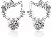 Heyone Sparkling Ball Cute Kitty Round Cut CZ Cute Cat Silver Plated Earrings