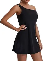 [TAQNIA] Women's Tennis Skirt, one-Shoulder Exercise with Shorts, Sports Dress, with Pockets Skirt