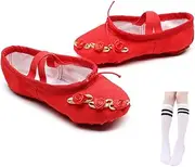 [MNSSRN-MM] Embroidered Soft-Soled Dance Shoes, Exquisite and Cute Stage Performance Non-Slip Comfortable Exercise Shoes Gym Shoes,Red,22