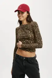 [Cotton On Women] Cotton On Women - Staple Rib Boat Neck Long Sleeve Top - Kate leopard 2XS KATE LEOPARD
