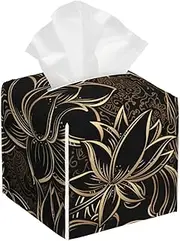 Boho Gold Lotus Flower Print Square Tissue Box Cover Waterproof Lightweight Home Office Kitchen Bathroom Car