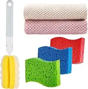 6-Piece Cleaning Kit with 11.4" Long Handle Cup Brush, 3 Compressed Sponges & 2 Dual-Color Towels – Multi-Surface for Kitchen/Bath/Pet