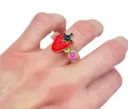 Handmade & one of a kind fruit resin ring with strawberry charm, US 7