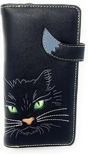 [Shag Wear] Fluffy Cat Large Animal Wallet For Women and Teen Girls Vegan Faux Leather Black 7", Black, Large, Modern