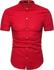 [Maiyifu-GJ] Men's Casual Band Collar Linen Shirt Short Sleeve Button Up Beach Shirts Lightweight Solid Stylish Slim T Shirts