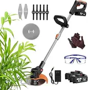 Cordless Grass Trimmer, Electric Garden Strimmer with 2 Batteries & 3 Interchangeable Blades, Lightweight Lawn Edger for Weed Clearing & Tree Trimming