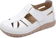 [Gikleihwy] Womens Massage Hollowed Out Sandals Ladies Summer Closed Toe Wedge Platform Leather Soft Sole Slippers Round Top Arch Support Walking Shoes(White,6.5 US)
