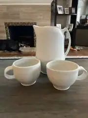 Handmade Pottery, Wheel Thrown, Bisque and White Pitcher and Two Cups Textured