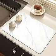 Dish Drying Mat for Kitchen Counter, 27.2"x17.4" Super Absorbent Hide Stain Dish Drying Pad with Non-Slip Rubber Backed, Quick Drying Mat for Coffee Machine Dish Rack（Whtie Marble）