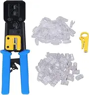 RJ45 Crimp Tool Kit Pass Through Cat6 Crimping Tool Kit,Crimping Tool Kit - High Carbon Steel Cable Maintenance Tool with 50PCS RJ Connectors and Cover