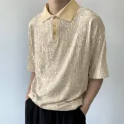 INCERUN Mens Sequin Sparkle Glitter Patchwork T-Shirt Fashion Short Sleeve Lapel Top Tshirt for Men