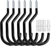 6 Pack 6.5 inch Heavy Duty Garage Wall and Ceiling Hooks for Bike, Tool, Loading Capacity 80 LBS, Large Vinyl Coated Screw-in Hooks for Garage Organization and Storage(Black)