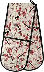 Long Double Oven Mitts, Cherry Blossom Flower Japan Heat Resistant Quilted Kitchen Oven Gloves with Loop Washable for Microwave Cooking Baking Grilling Barbecue, 7" x 35"