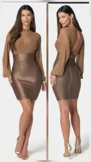 BEBE Bandage Sparkle Skirt Dress Women's Mocha /Brown Size M New