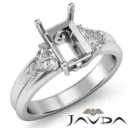 3 Stone Fine Diamond Trillion Emerald Mount Engagement Ring 14k White Gold 0.6Ct