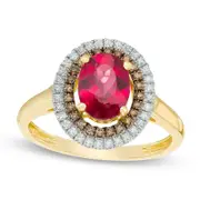 Oval Rubellite Tourmaline and 0.25 CT. T.W. Champagne and White Natural Diamond Double Frame Ring in Solid 14K Gold