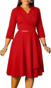 Elainone Women 3/4 Sleeve Casual Swing Flared A Line Dress Wedding Guest Semi Formal Office Work Dresses with Belt