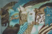Needlepoint Handpainted Danji Embracing Horses Laurel Burch w/ Stitch Guide
