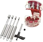 Coralpearl Cherry Pitter Machine Pit Remover for 6 Cherries, Olives, Plums with Young Coconut Opener Punch Tap Knife, Fruit Corer Set Core Seed Removal Tool for Apple Pear Jujube (Food Extractor Kit)