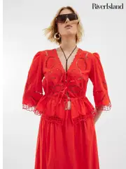 River Island Red 100% Cotton 3/4 Sleeve Tie Front Cutwork Blouse (H15953) | $83