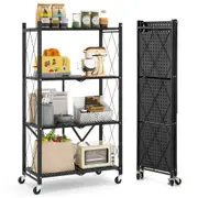 Giantex Foldable Shelving Unit 4-Tier Height Adjustable Storage Rack w/Lockable Wheels Black