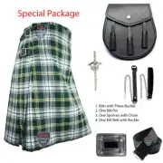 Mens Scottish Kilt 5 Pcs Set Tartans Belt Buckle Kilt Pin Sporran St. Patrick
