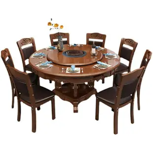 實木 餐桌 椅組合 中式 家用 圓形10人飯桌 帶電動轉盤 火鍋電磁爐 大圓桌