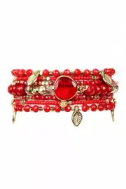 Burgundy Red Leaf Charm Bracelet Set Stretch Boho
