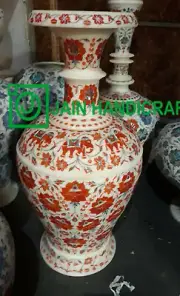 24" White Marble Flower Vase Pot Inlay Art elephant design vase, collectibles