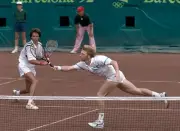 Boris Becker Michael Stich of Germany competing in the men's doubl- Old Photo
