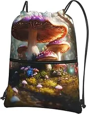 EdWal Wild Mushroom Print Drawstring Backpack Gym Bags Sports Bags With Zipper Pocket For Travel Swimming Beach, Black, One Size