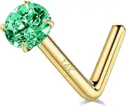 SYLWIA 14K Real Gold Nose Studs, 20g 18g L Shaped Nose Rings, Simulated Emerald Diamond CZ - 2mm 2.5mm 3mm, Hypoallergenic Corkscrew Nose Ring Piercing for Women Men