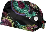 [WOSHJIUK] Working Hat 2 Pack Scrub Caps for Women,Vintage Animal Chinese Dragon,Tie Back Cap Adjustable Scrub Hat
