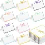 Eersida 100 Pcs Colorful Bow Place Cards 2 x 3.5 Inch Cute Pastel Scalloped Knot Tent Name Cardstock Blank Greeting Placecard Seat Assignment Label Card for Coquette Birthday Party Wedding Setting