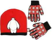 [Disney] Big Boys Hero 6 Superhero Baymax Jacquard Acrylic Knit Slouchie Winter Beanie Hat with Sulimated Microfiber Character Applique and Matching Gripper Glove Set