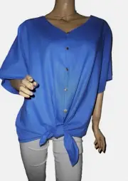 Anne Klein Top AK Logo Blouse Button Up Shirt Tie Hem Front XL Blue