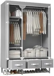 Portable Clothes Closet Wardrobe with Rolling Door and Metal Hanging Rack Non-Wo