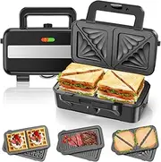 Sandwich Maker 3-in-1, 1200 W & 5-Speed Temperature Control Waffle Iron, Sandwich Toaster, Contact Grill with 3 Non-Stick Plates for Sandwich, Waffles, Meat, LED Lights, Cool Touch Handle