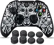 Laser Carving Silicone Skin for Xbox One X/S Controller x 1(Tiger White) with Pro Thumb Grips x 8