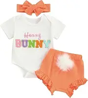 [Nyapruwe] Infant Baby Girl Easter Outfits Short Sleeve Bunny Letter Print Romper Bloomers Shorts with Headband 3Pcs Set